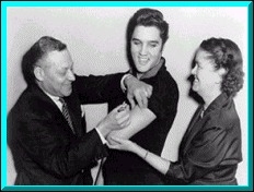 Elvis takes a needle to promote teenage vaccination.